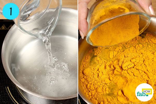 Combine 3 cups of water and 1 cup of turmeric powder in a saucepan