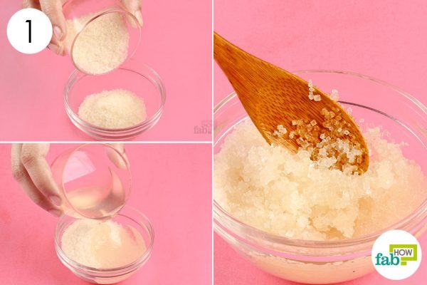 combine coconut oil, sugar to make body scrub