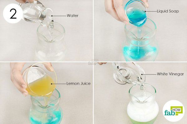 add dish soap water lemon juice and vinegar to baking soda