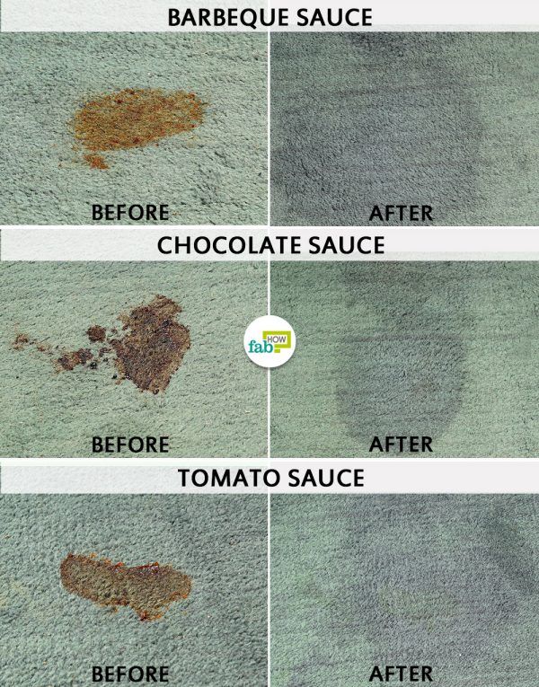 before and after using white vinegar to remove sauce stain from carpet