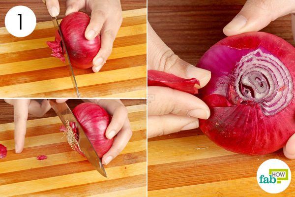 trim off both the ends of the onion and peel the outer layer