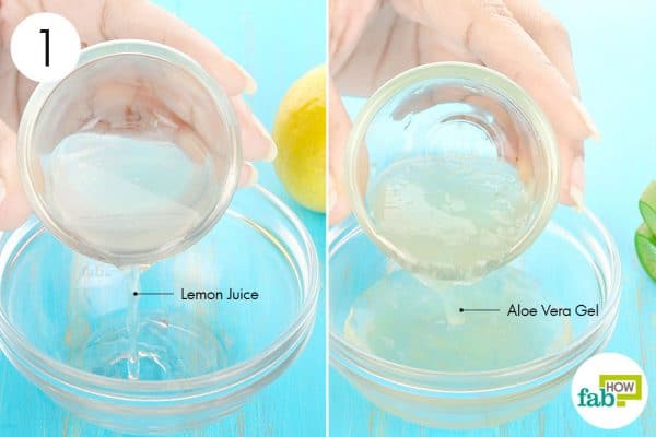 Combine lemon juice and aloe vera gel in a bowl to use lemon for acne