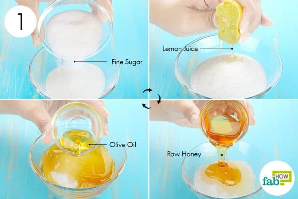 Combine fine sugar, lemon juice, olive oil and raw honey in a bowl to use lemon for acne