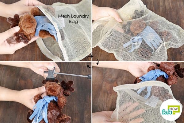 put toy in mesh bag to clean stuffed toys in washing machine