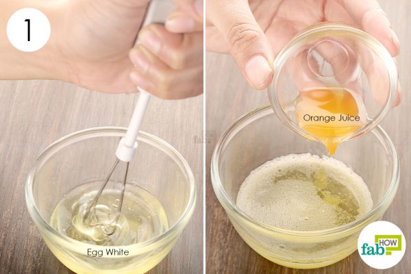 Add orange juice to whisked egg white to make egg white face mask