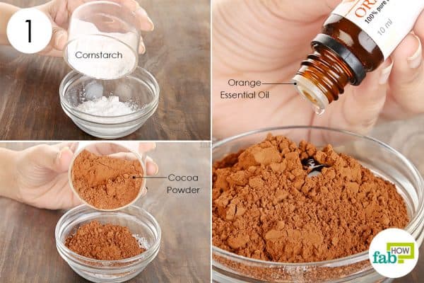 ombine cornstarch, cocoa powder and orange essential oil to make DIY dry shampoo