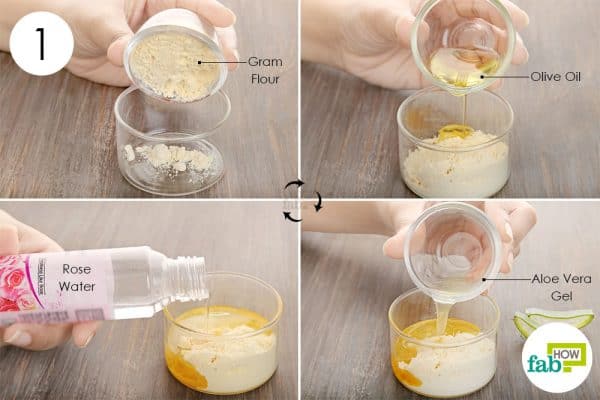 Combine gram flour, olive oil, aloe vera and rose water to make face mask for glowing skin