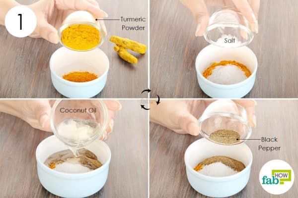 Use turmeric for health-combine turmeric, salt, coconut oil, and black pepper in a bowl