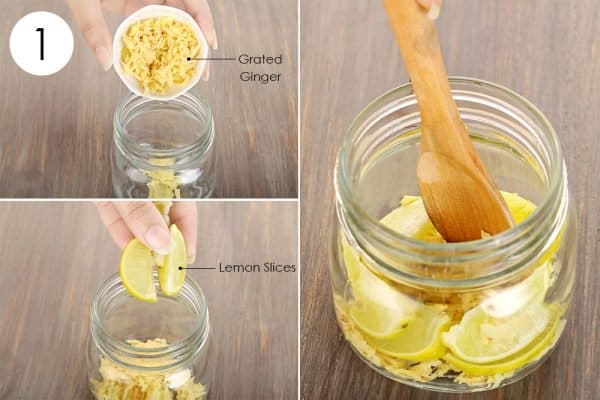 Drop lemon slices and grated ginger in a jar to use ginge for cold and flu