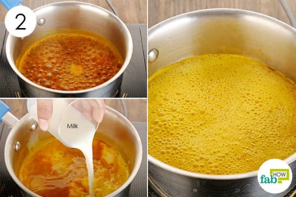 Bring the ingredients to a boil and add milk to use turmeric for sore throat
