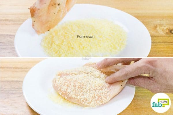 Coat the seasoned chicken with grated cheese to make Chicken Parmesan