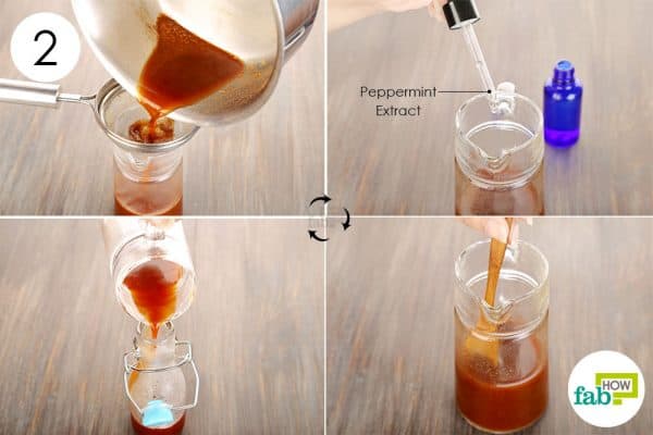 Strain and mix in peppermint extract to make diy mouthwash