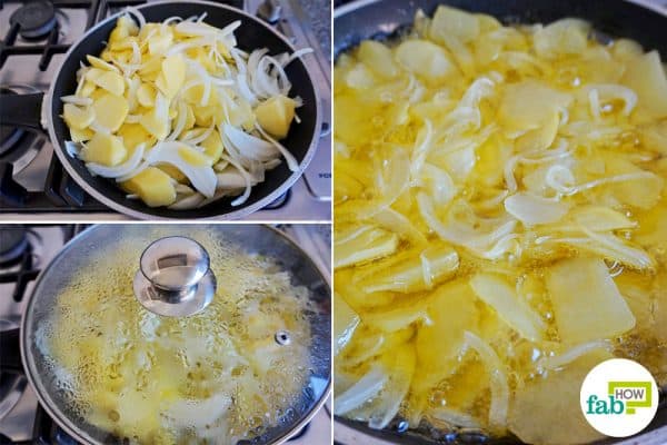 Fry the vegetables to make Spanish omelette