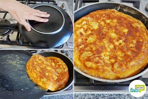 Flip and cook it on both sides to make Spanish omelette