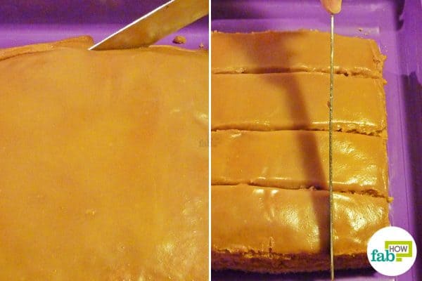 Cut the cake into small squares to make layered honey cake