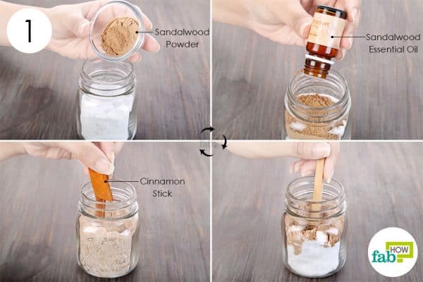 Mix baking soda, sandalwood powder and essential oil, and a cinnamon stick to make DIY air freshener