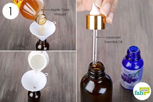 Combine distilled water, apple cider vinegar and lavender essential oil to make DIY facial toner for normal to dry skin
