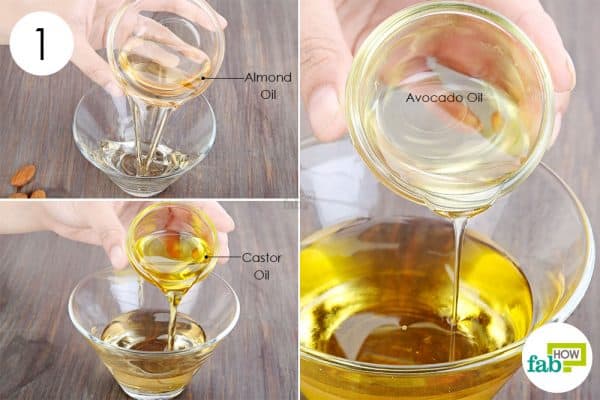 Combine almond, avocado, and castor oil in a bowl to make DIY hair serum
