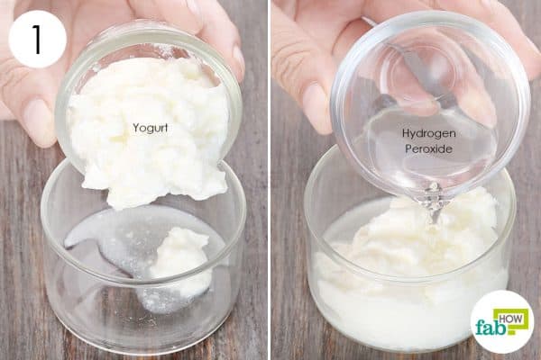 Add hydrogen peroxide to yogurt to use yogurt for skin and hair