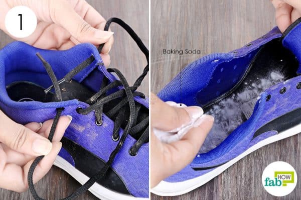 Remove the laces and sprinkle baking soda to clean your running shoes