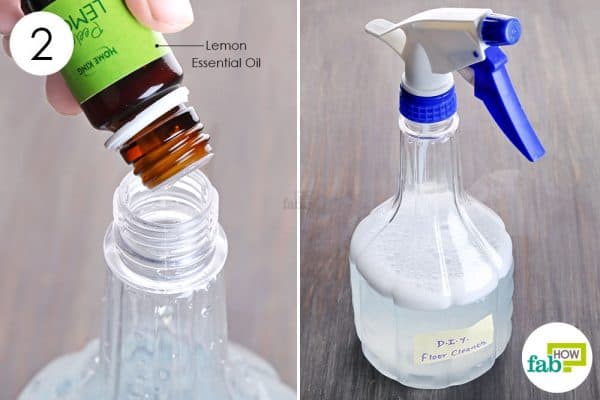 Add lemon essential oil and shake well before use to make DIY floor cleaner using Dawn dish soap