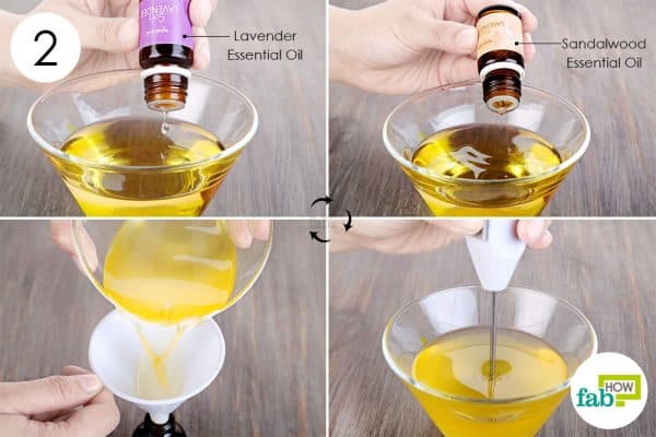Add lavender and sandalwood essential oil and blend thoroughly to make DIY hair serum
