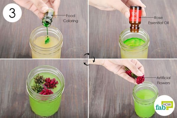Add food coloring, essential oil, and decorative items of your choice to make DIY air freshener
