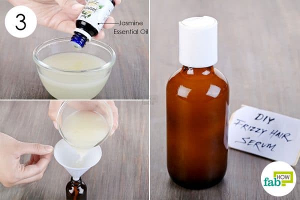 Add jasmine essential oil and transfer into a dark bottle for storage to make DIY hair serum