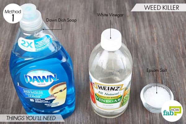 Things needed to use Dawn dish soap to make DIY weed killer