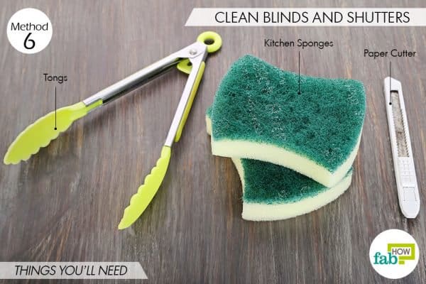 Things needed for DIY kitchen sponge hacks to clean blinds and shutters 