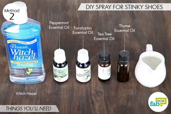 Things needed to use witch hazel around the house by making DIY spary for stinky shoes