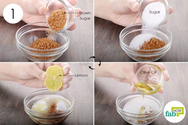 Combine brown and white sugar with lemon juice and olive oil to make DIY face scrub