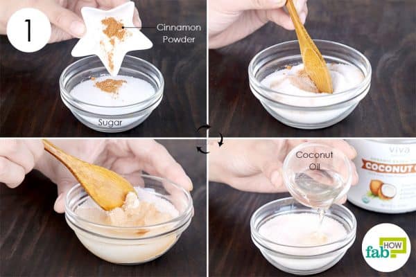 Mix cinnamon, sugar, and coconut oil in a bowl to make DIY foot scrub