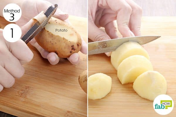 Peel and slice 3 to 4 potatoes to make homemade fabric starch