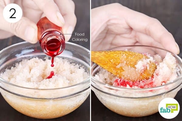 Add red food coloring and mix well to make DIY foot scrub