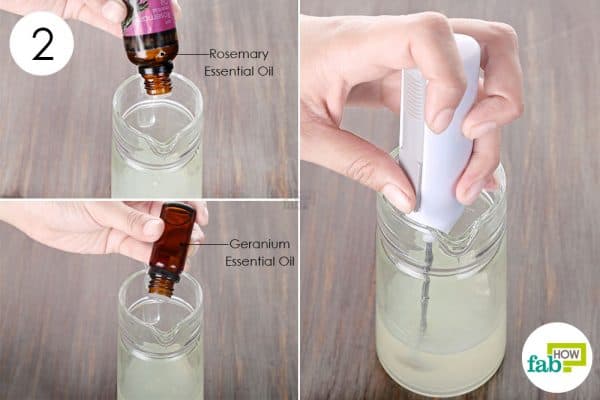 Add rosemary and geranium essential oil and mix well to make DIY hairspray