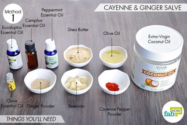 Things needed to make DIY homemade salve for sore muscles with cayenne and ginger