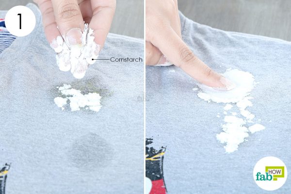 sprinkle cornstarch to clean food grease stains from clothes 