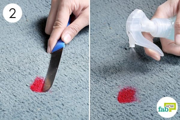 scrape and spray the cleaning solution to remove lipstick stains from carpet