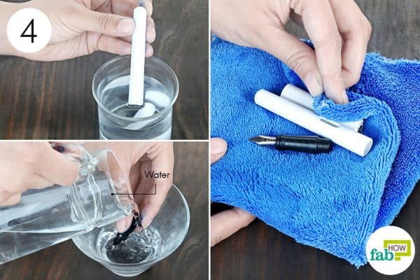 Rinse parts with water to clean a fountain pen