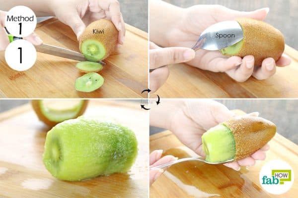 scoop out flesh with a spoon to peel and cut a kiwi