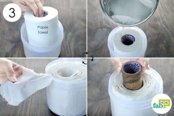 pour liquid on paper towel to make baby wipes