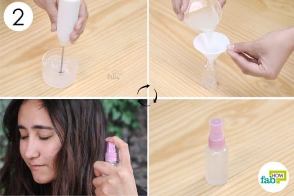whisk the ingredients well together and pour it into a reusable spray bottle to use on your hair