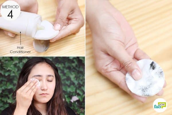 dab a small amount tof hair conditioner on a cotton pad to remove eye makeup