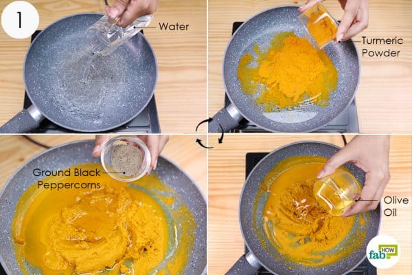 heat the water and turmeric, oil and peppercorn powder