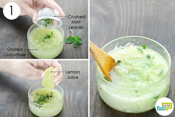 mix grated cucumber, lemon juice and mint leaves diy homemade vegan face masks for all skin types