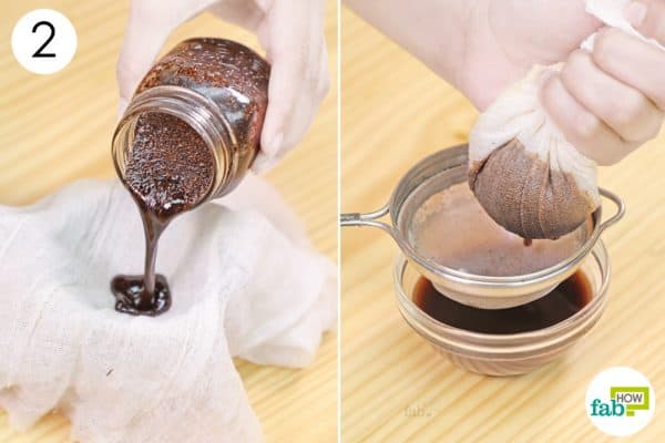 strain the coffee infused oil into a bowl