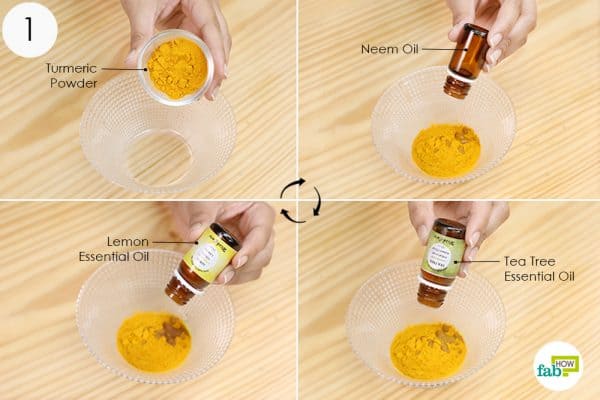put turmeric powder and all the essential oils in a mixing bowl