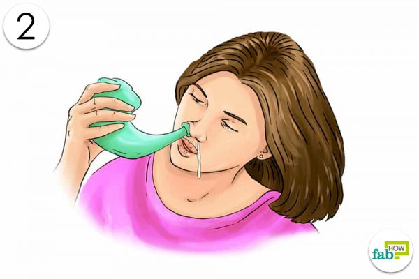 pour solution into nasal passage